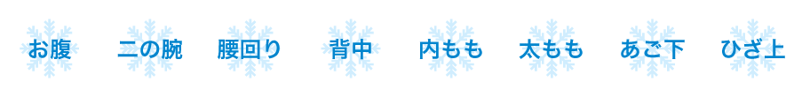 ひざ上/あご下/太もも/内もも/背中/腰回り/二の腕/お腹